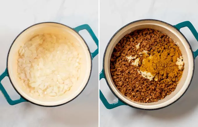Step-by-step picture showing how onion are sautéed in a Dutch oven, then mixed with vegan ground beef and curry spices.