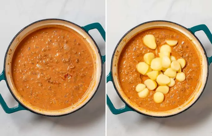 Step-by-step instructions showing the addition of potatoes to the Hamburger Curry.