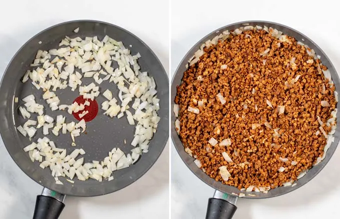 Side-by-side view of a large pan with sautéed onions and lean vegan ground beef.