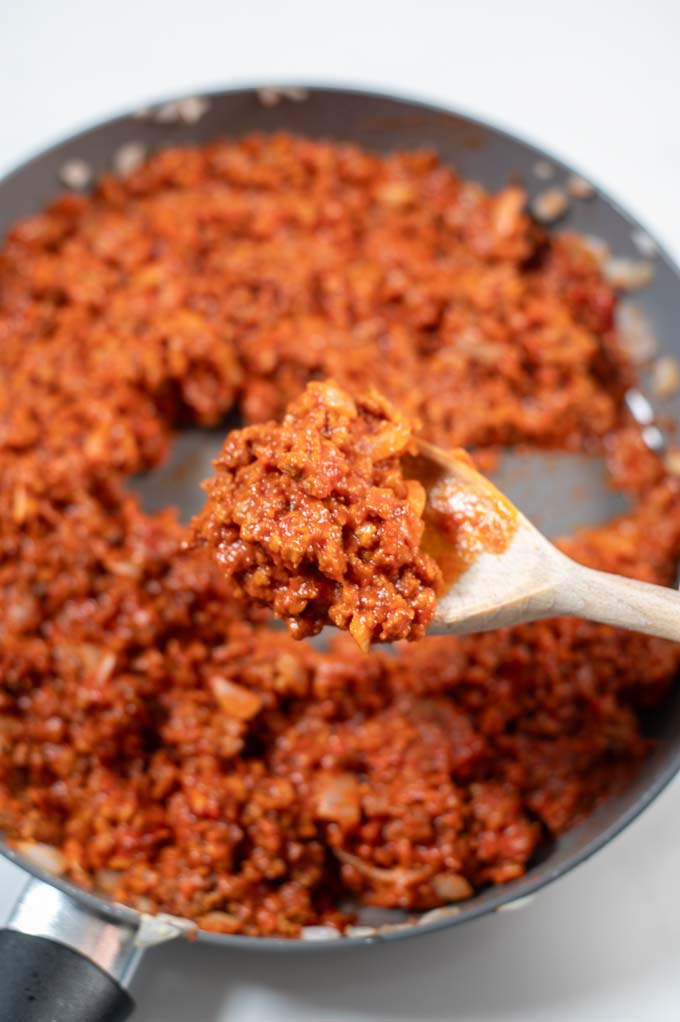 Closeup of a spoonful of Michigan Sauce.