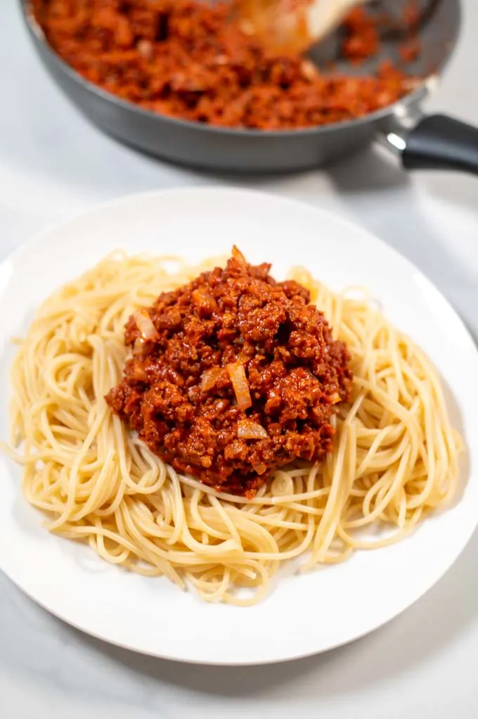 Closeup of a serving of Michigan Sauce over pasta.