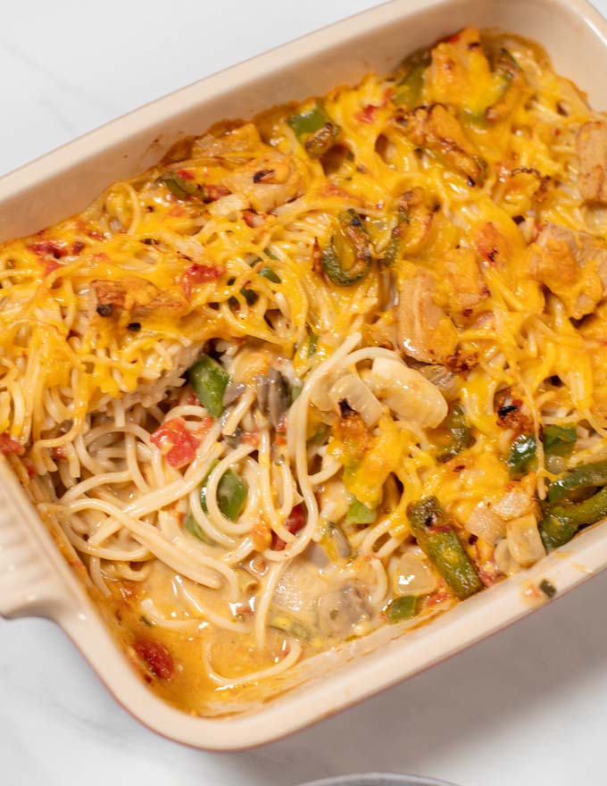 Texas Chicken Spaghetti in a casserole.