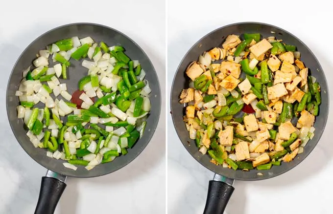 Step-by-step guide showing how onions, bell pepper, and vegan chicken are cooked in a pan.