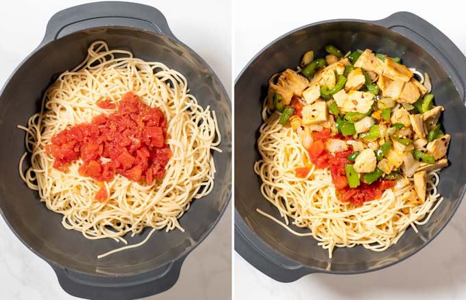 Side by side view of two steps making Texas Chicken Spaghetti: mixing paste with diced tomatoes and the chicken mixture.