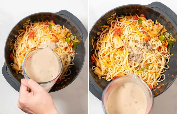 Step-by-step pictures showing how cream of mushroom soup is mixed with the ingredients.