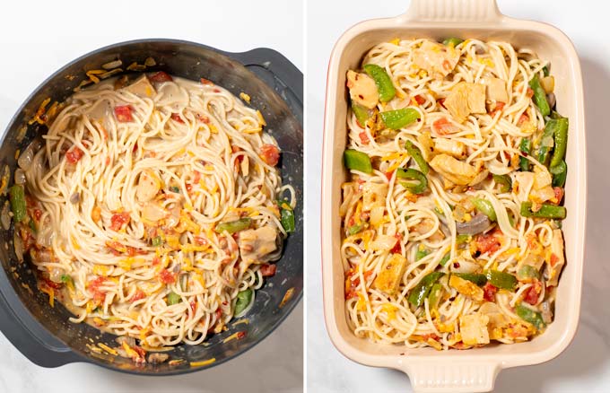 Mixed Texas Chicken Casserole is transferred from mixing bowl to casserole dish.