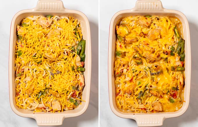 Side-by-side top view of the casserole dish with the Texas Chicken Spaghetti before and after baking in the oven.