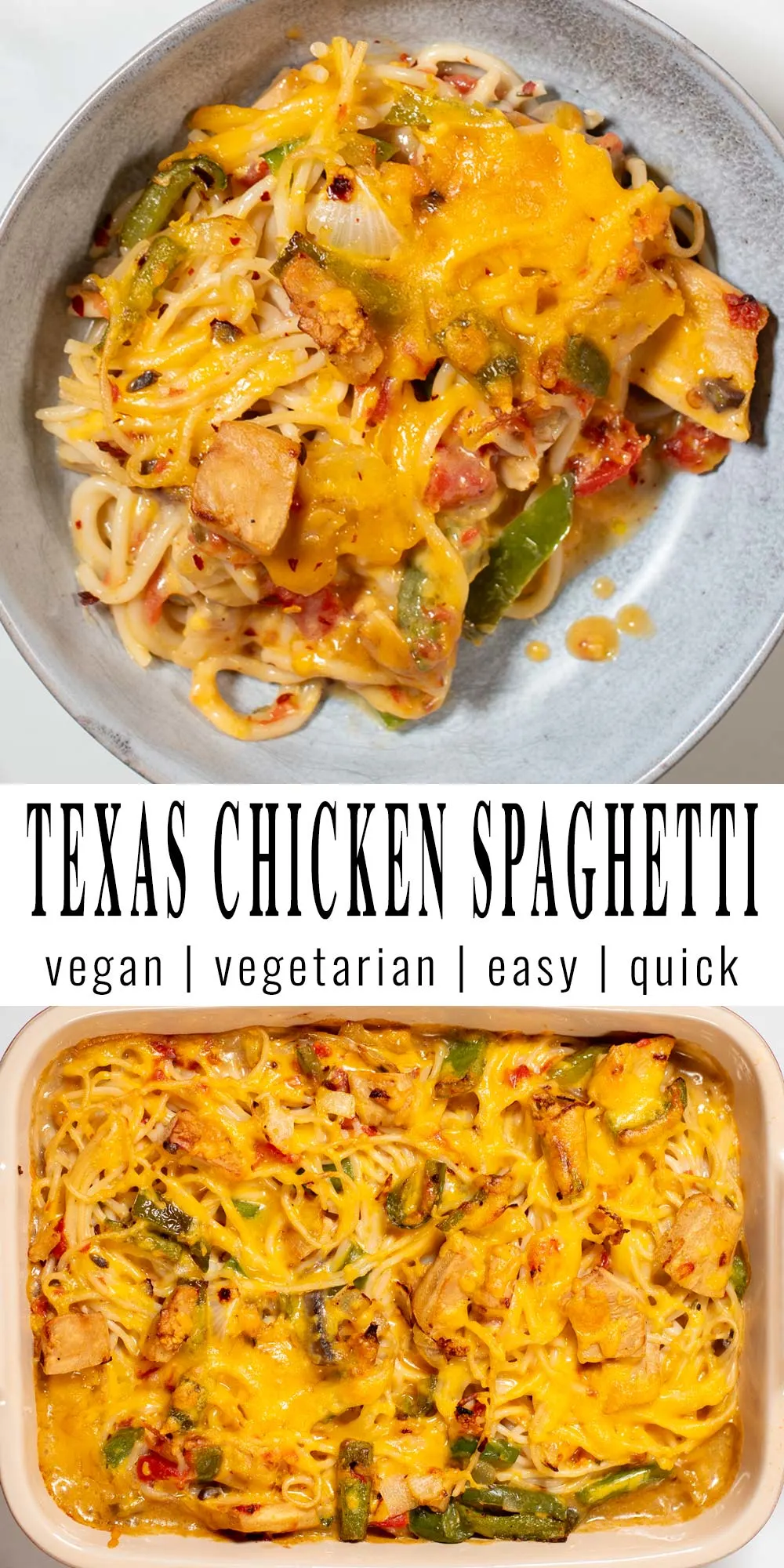 Collage of two pictures of Texas Chicken Spaghetti with recipe title text.
