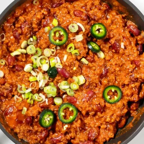 Top view of a large pan with Texas Chili Beans.