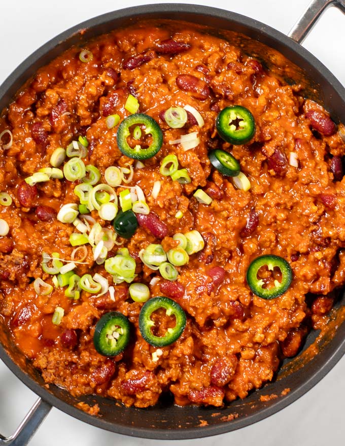 Top view of a large pan with Texas Chili Beans.