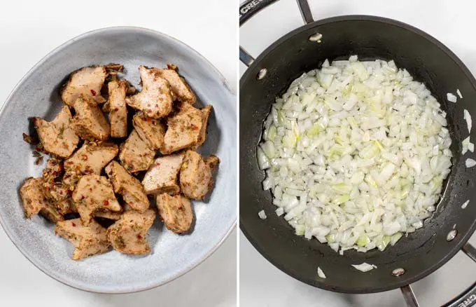 Side by side view of marinated vegan chicken and a saucepan with sautéed onions. 