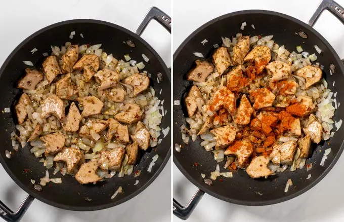 Step by step pictures showing how vegan chicken marinated in jerk seasoning is fried and mixed with extra seasoning.