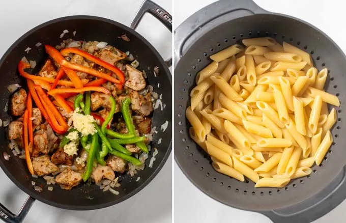 Step-by-step instructions showing addition of sliced bell pepper and drained pasta.