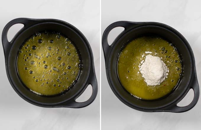 Step-by-step pictures showing melted butter and flour in a saucepan.