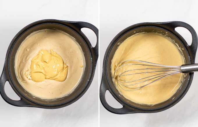 Dijon mustard is mixed into the sauce base.