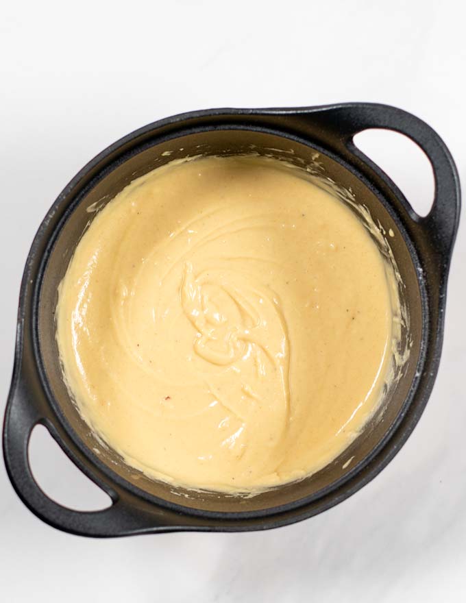 Top view of a saucepan with the finished Dijon Mustard Sauce.