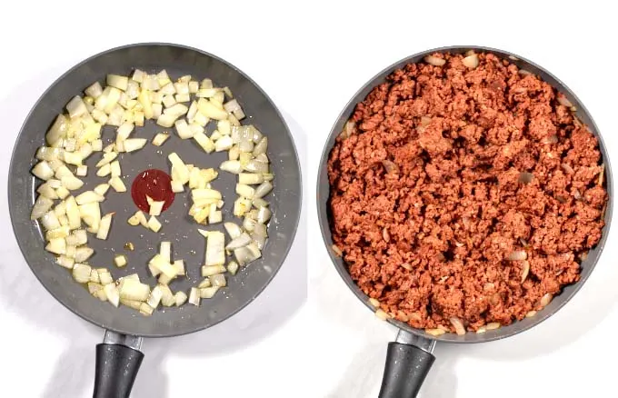 Side by side view of how to fry onions and vegan ground beef in a pan.