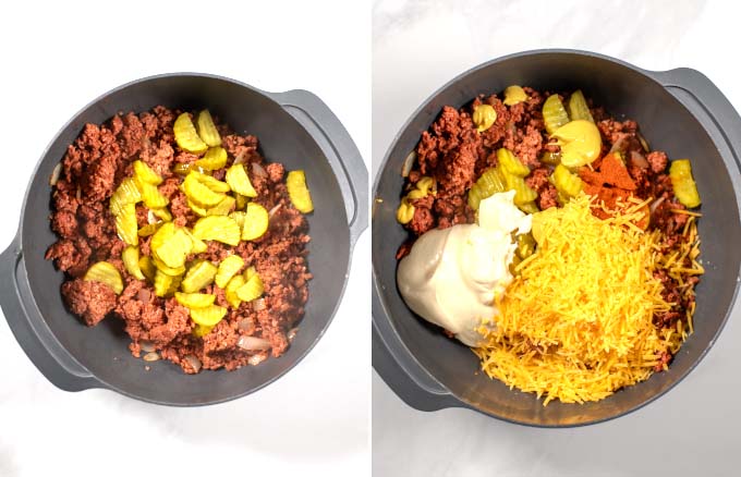 Side by side view of mixing the ingredients of the Keto Big Mac Casserole.