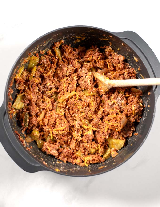 Top view of a mixing bowl with the meat mixture of the Keto Big Mac Casserole.