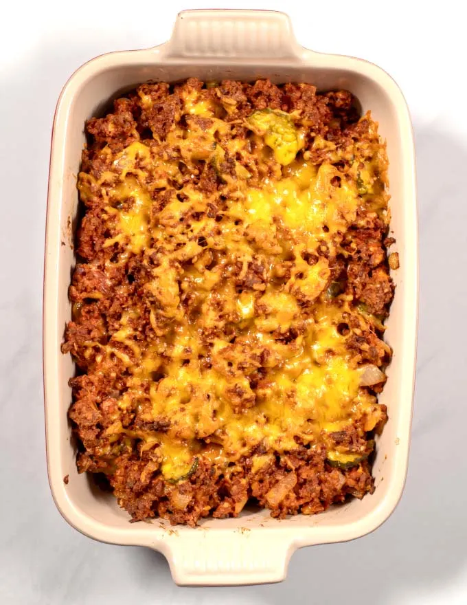 Top view of the baked Keto Big Mac Casserole.