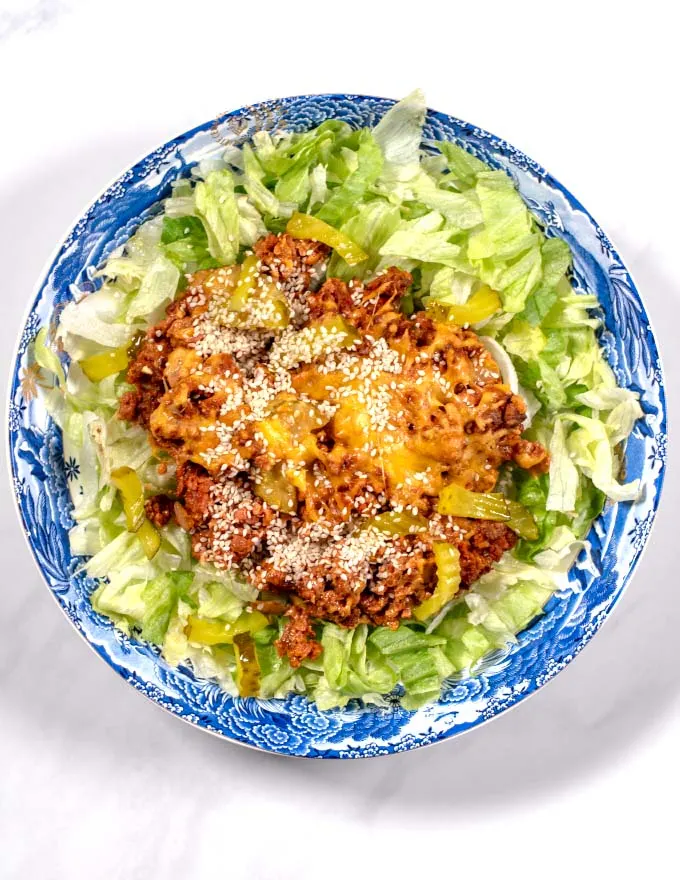 Serving of Keto Big Mac Casserole on crispy lettuce.