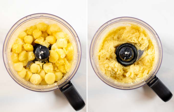 Step by sep guide showing how cooked potatoes are combined with the garlic paste in a food processor.