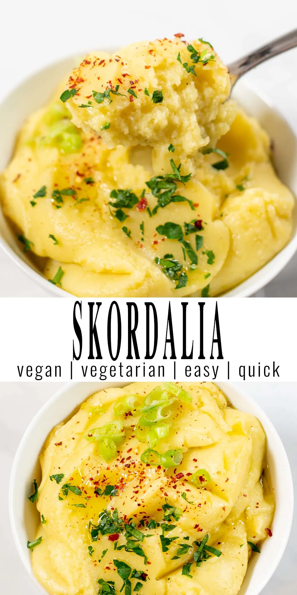 Collage of two pictures with Skordalia with recipe title text.