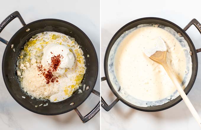 Mixing of all ingredients for the Spicy Alfredo Sauce.