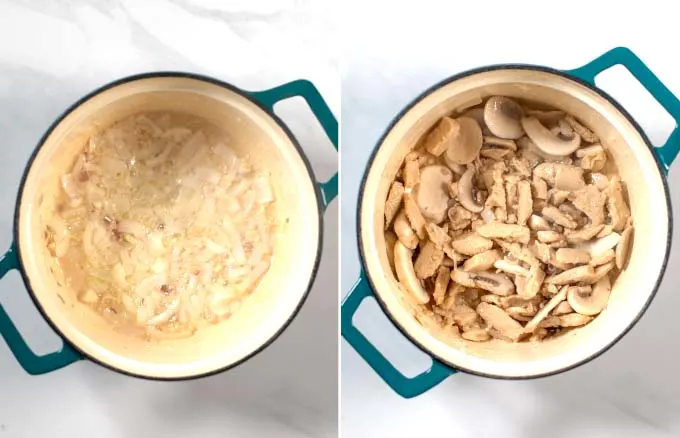 Step-by-step pictures showing how onions and mushrooms are cooked.