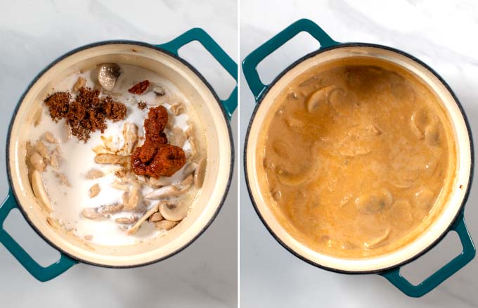 Step-by-step guide showing how liquid ingredients are added to the base of the Tom Kha Soup.