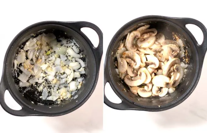 Step by step guide showing how onions a d mushrooms are fried with garlic and lemongrass.
