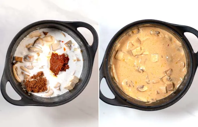 The liquid ingredients and spices are added to the pot with the mushrooms and tofu.