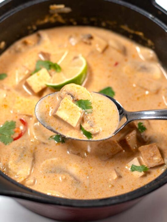 A spoon of Tom You Soup is lifted from the pot.