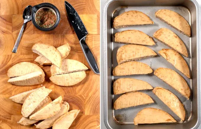 Side by side view of how vegan chicken is cut into tenders, then transferred to a casserole dish.