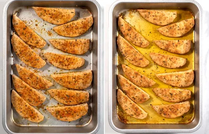 Side-by-side view showing the seasoned chicken tenders in a casserole dish before and after baking in the oven. 