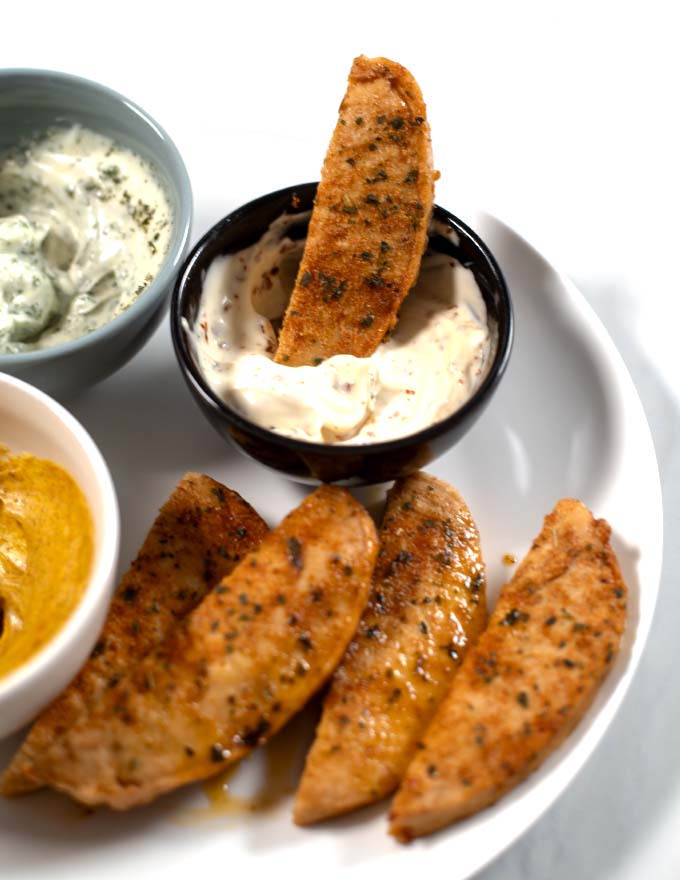 Closeup of a serving of Baked Chicken tenders.