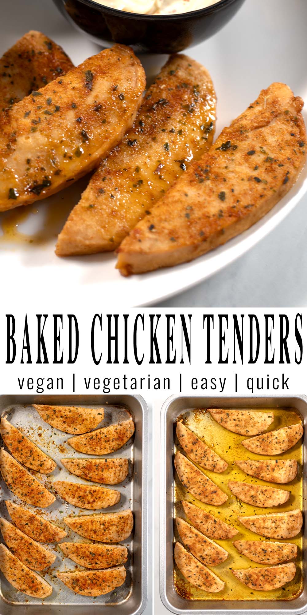 Collage of two pictures of baked chicken tenders with recipe title text.