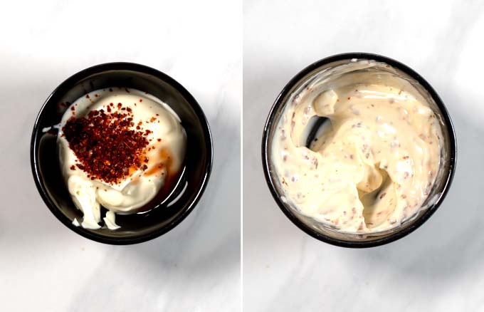 Step-by-step pictures showing how the Spicy Dipping Sauce is made. 
