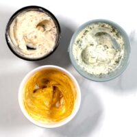 Top view of small bowls with the three flavors of the Chicken Tenders Dipping Sauces.