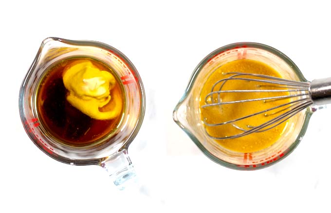 Step-by-step pictures showing how to make mustard dressing.