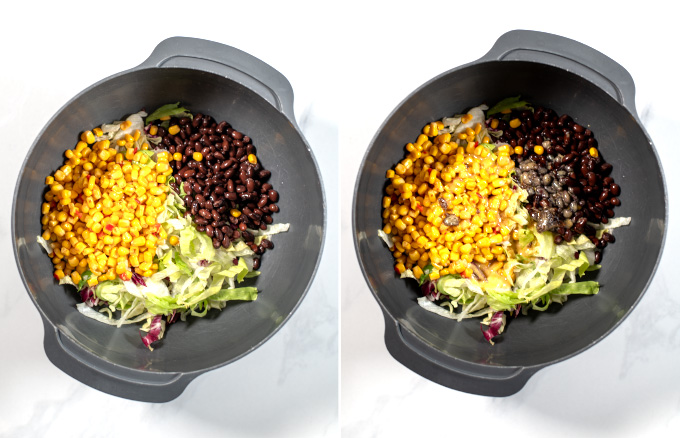 Step-by-step pictures showing how the salad ingredients are mixed with the dressing.