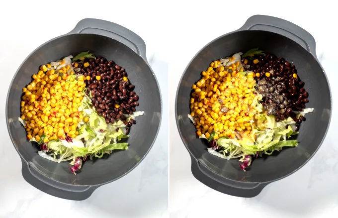 Step-by-step pictures showing how the salad ingredients are mixed with the dressing.