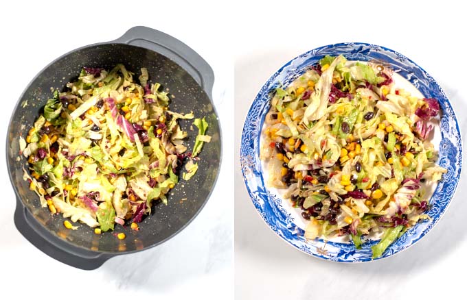 Step-by-step pictures of the dressed salad in a mixing bowl and transferred to a large plate.