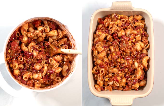 Mixed Leftover Chili Mac is given into a casserole dish.
