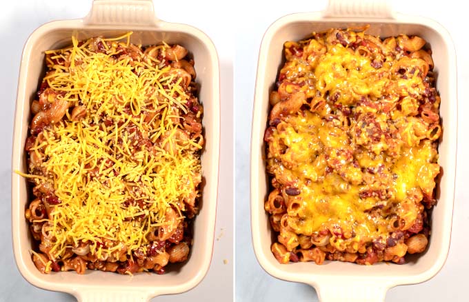 Side-by-side pictures of Leftover Chili Mac covered in cheese before and after baking.