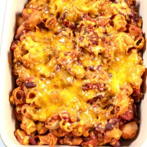 Top view of the cheese covered Leftover Chili Mac.
