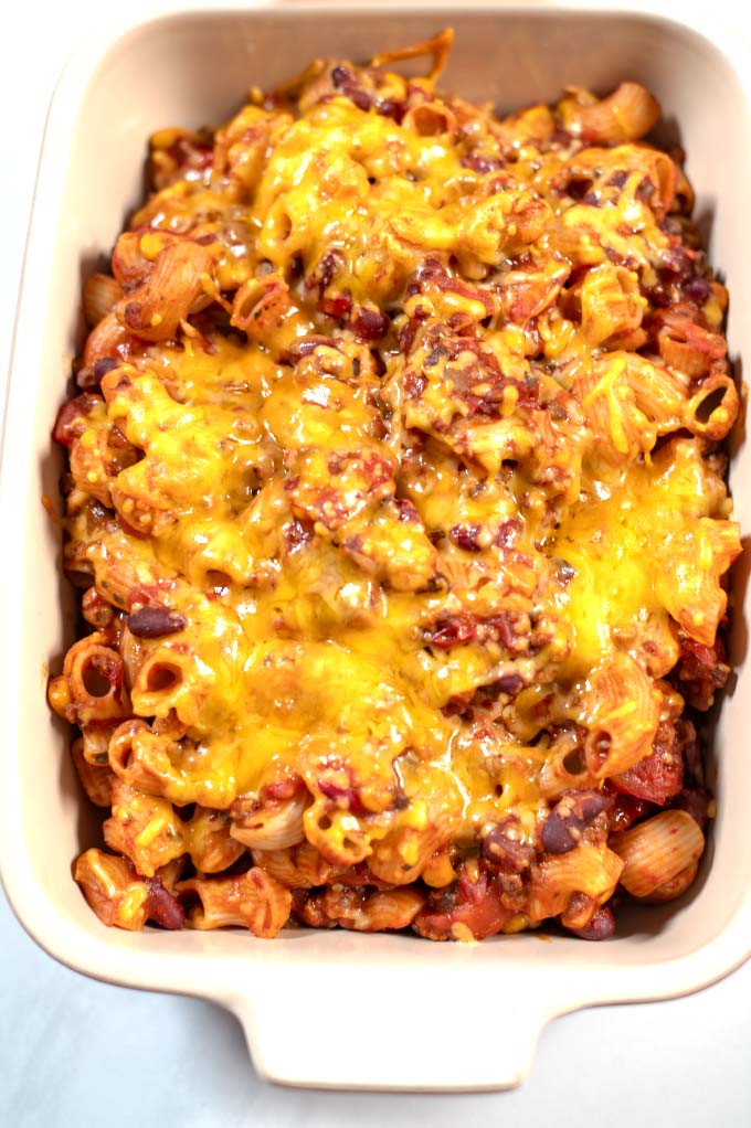 Top view of the cheese covered Leftover Chili Mac.