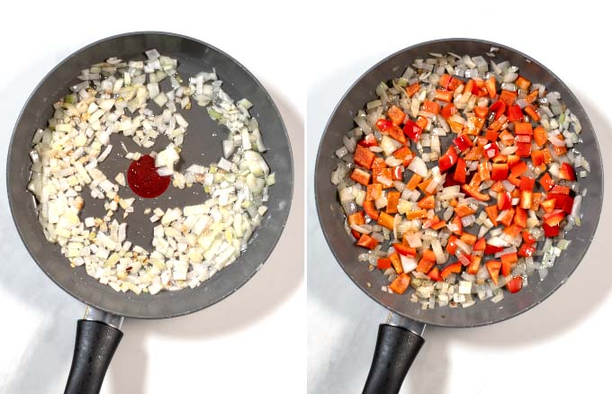 Side-by-side photo showing how onions and red bell peppers are fried in a pan.