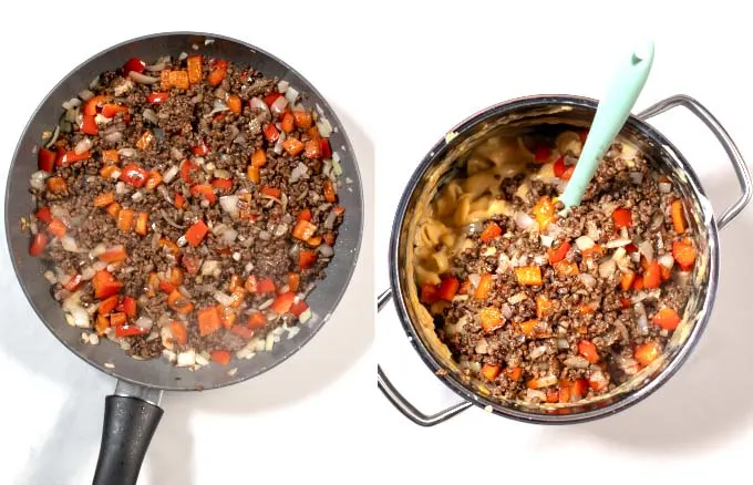 Side-by-side view of making the vegan ground beef and then adding it to the leftover Mac and Cheese.