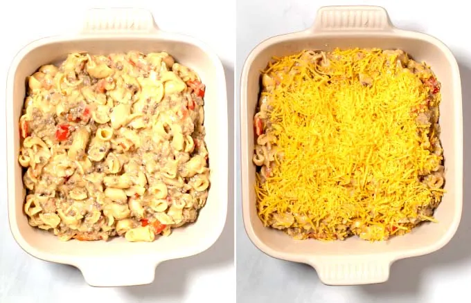 Step-by-step pictures showing the Leftover Mac and Cheese Casserole before baking.